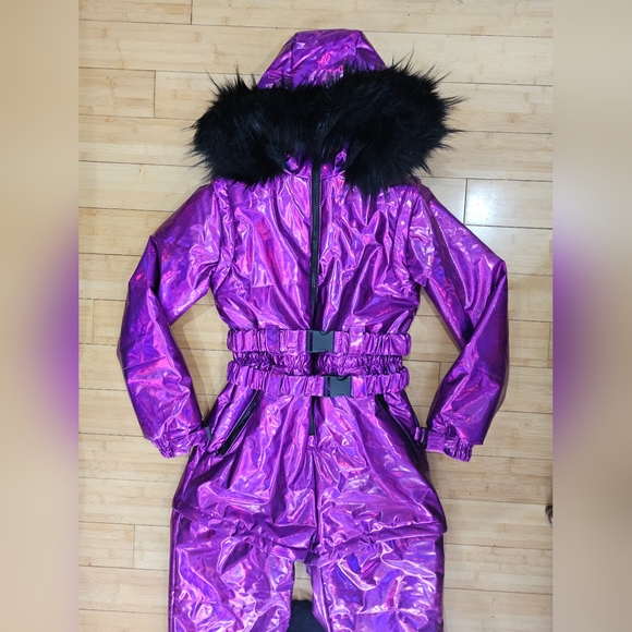 Dolls Kill Club Exx Aurora Beam Holographic Snowsuit Purple Pink - Picture 2 of 14